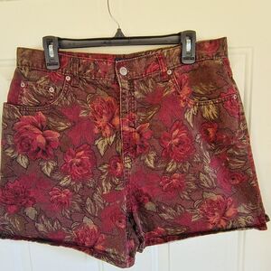 Halston Women's Size 16 High Waist Floral Shorts - Burgundy and Olive